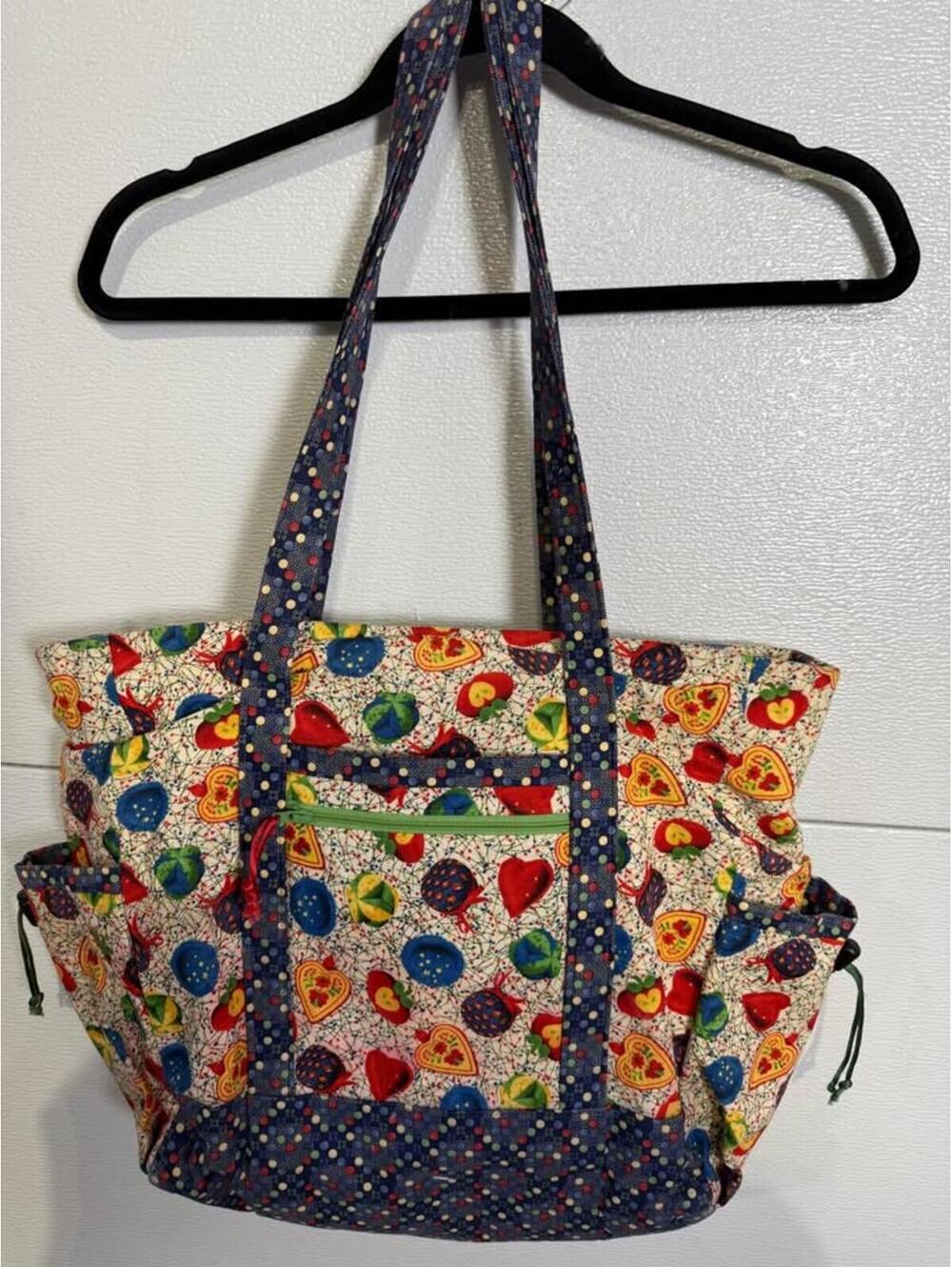 Handmade Quilted Heart and Fruit Pattern Tote Bag